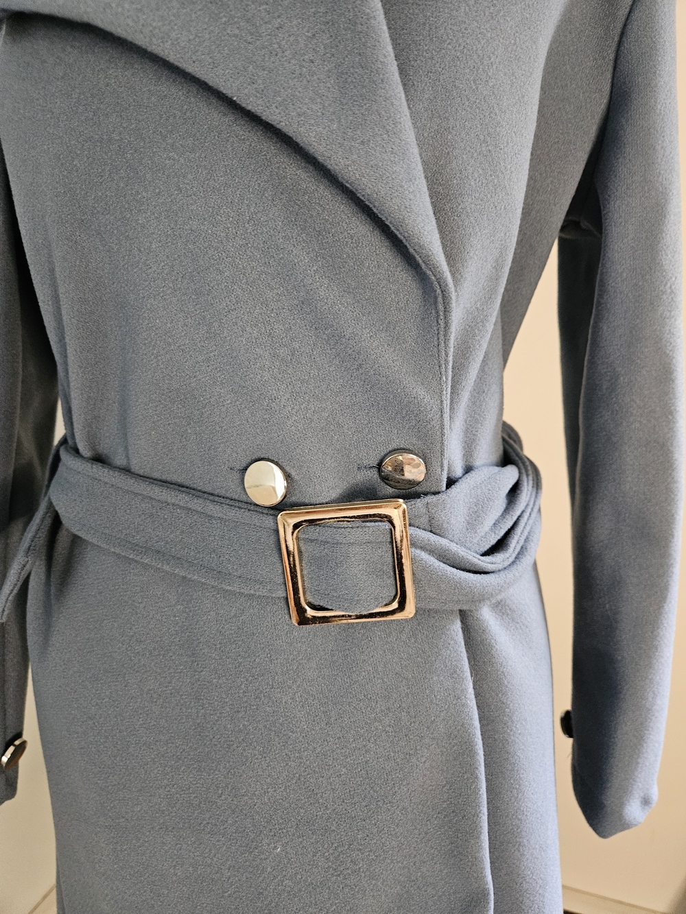 Women's Dusty Blue Belted Wrap Coat - Picture 2 of 9